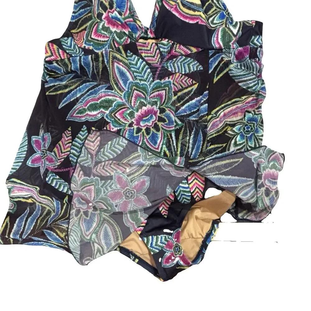 Cacique 1 Pc Swimdress Tropical Floral Women’s 40C Lightly Lined Plunge Swimsuit